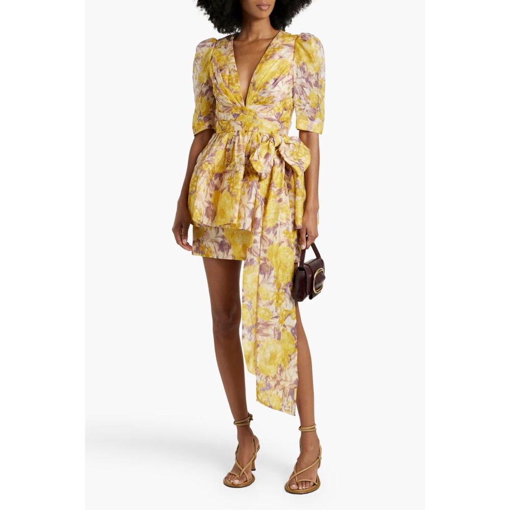 Zimmermann Women's Yellow Bow Floral Linen Silk Mini Dress Size 1